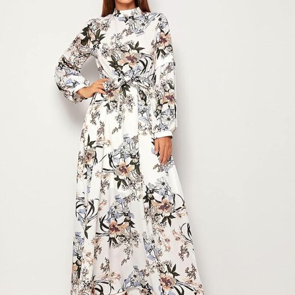 Floral Long Sleeve Maxi Dress with High Collar - Picture 1 of 4